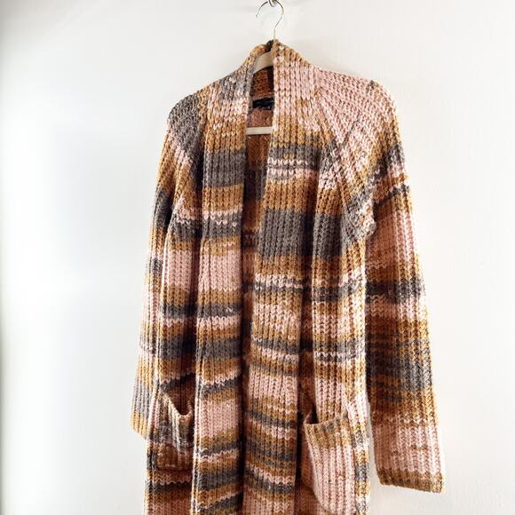 Skull Cashmere Open Striped Chunky Duster Cardigan Sweater Brown Pink Medium - Picture 6 of 10